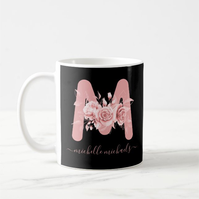 Mug Monogramme d'aquarelle florale noir d'or Rose (Gauche)