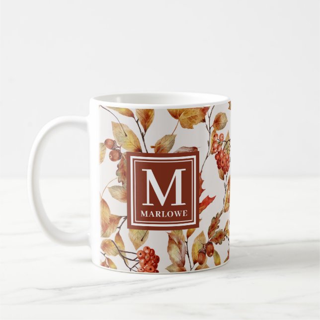 Mug Monogramme d'aquarelle orange Feuille d'automne (Gauche)