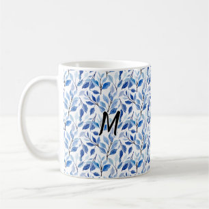 Mug Monogramme d'art fin en mosaïque de feuilles bleue