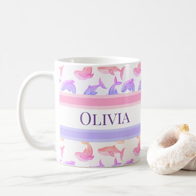 Mug Monogramme de baleine Océan Vie marine Cute nautiq (Avec donut)