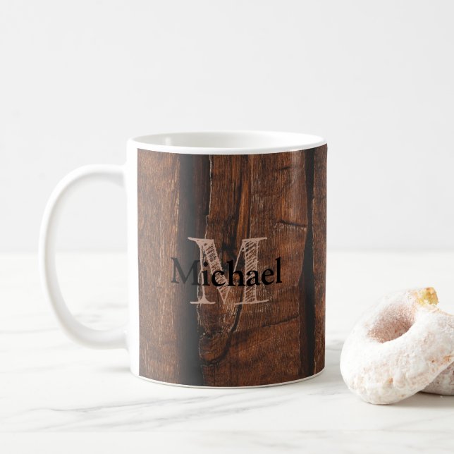 Mug Monogramme de bois ancien brun foncé rustique (Avec donut)