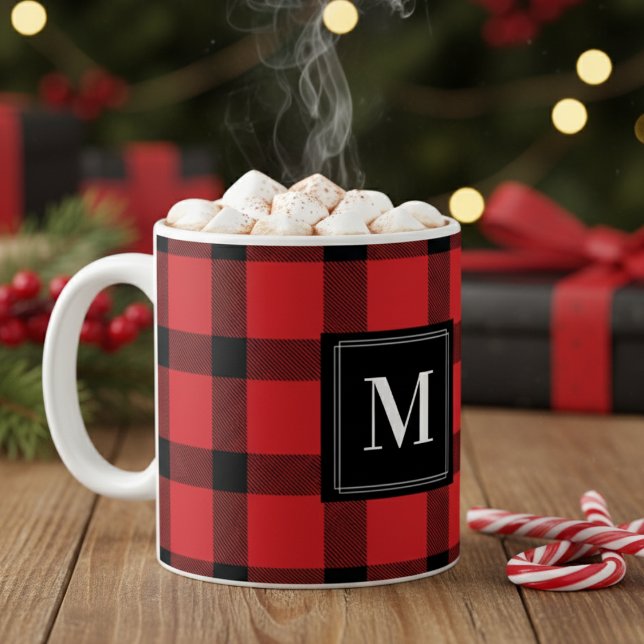 Mug Monogramme de Buffle Rouge et Noir tendance (Trendy Red & Black Buffalo Plaid Monogrammed Coffee Mug - Just Add Your Personal Monogram or Initial)
