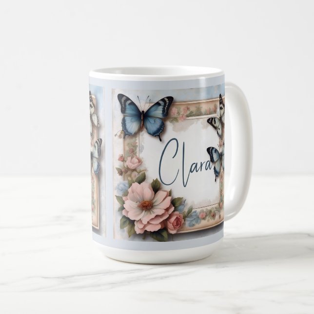 Mug Monogramme de cadre papillon vintage (Devant droit)
