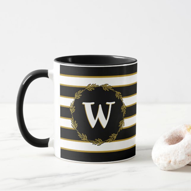 Mug Monogramme de couronne botanique blanc noir (Avec donut)