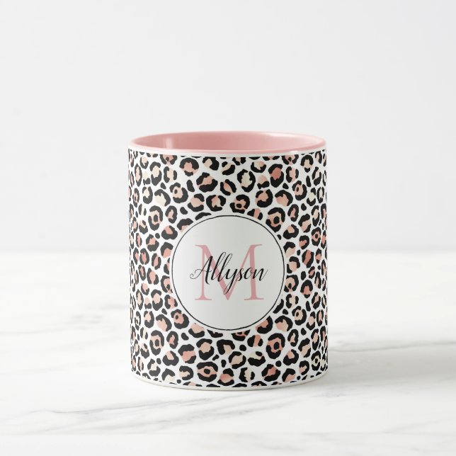 Mug Monogramme de Empreinte de léopard noir rose       (Centre)