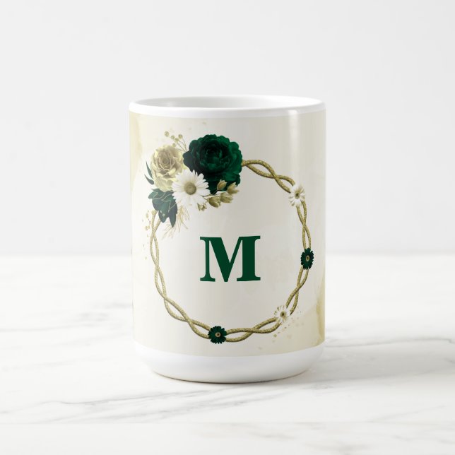 Mug Monogramme de fleurs d'or et d'ivoire vert émeraud (Centre)