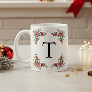 Mug Monogramme de fleurs rouges d'hiver