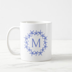 Mug Monogramme de gerbe de poisson étoilé bleu et blan