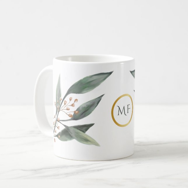 Mug Monogramme de gomme à la feuille d'eucalyptus vert (Devant gauche)