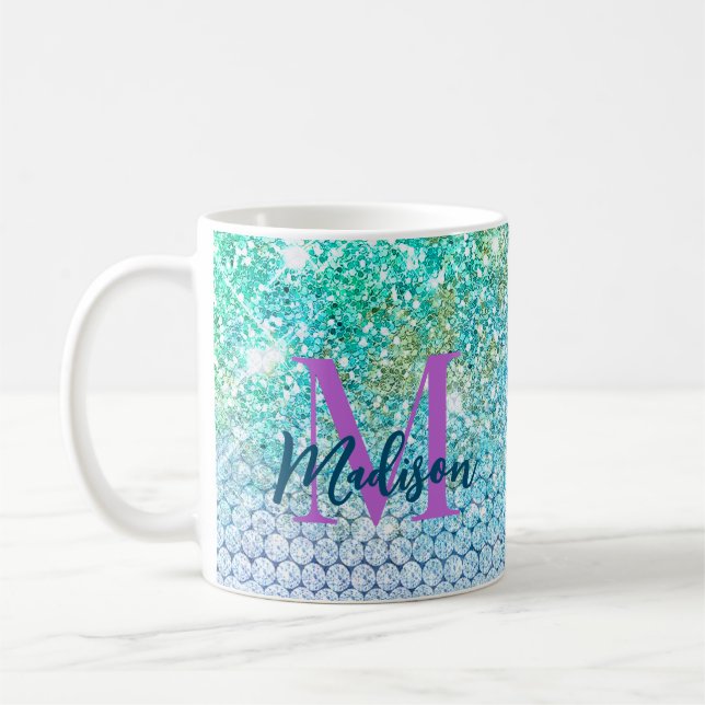 Mug Monogramme de la fausse parties scintillant Turquo (Gauche)