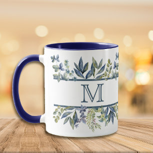 Mug Monogramme de la frontière Feuille en bleu d'Indig