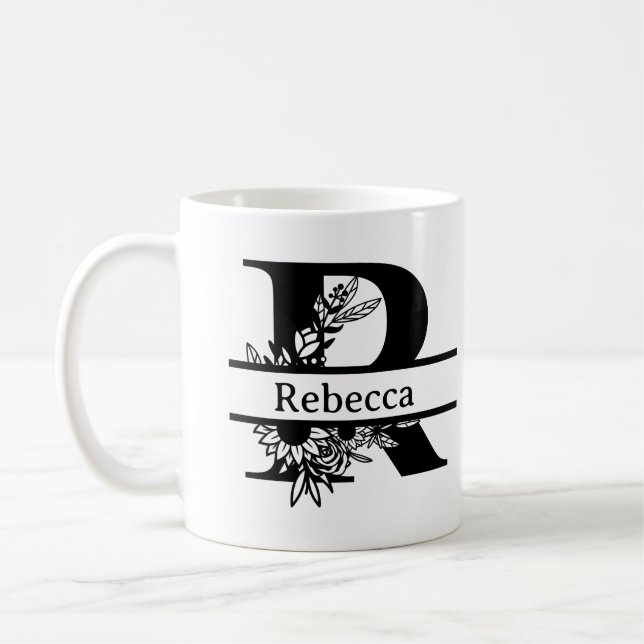Mug Monogramme de lettre initiale florale noire minima (Gauche)