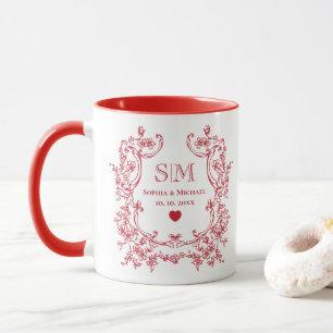 Mug Monogramme de mariage d'anniversaire floral rouge