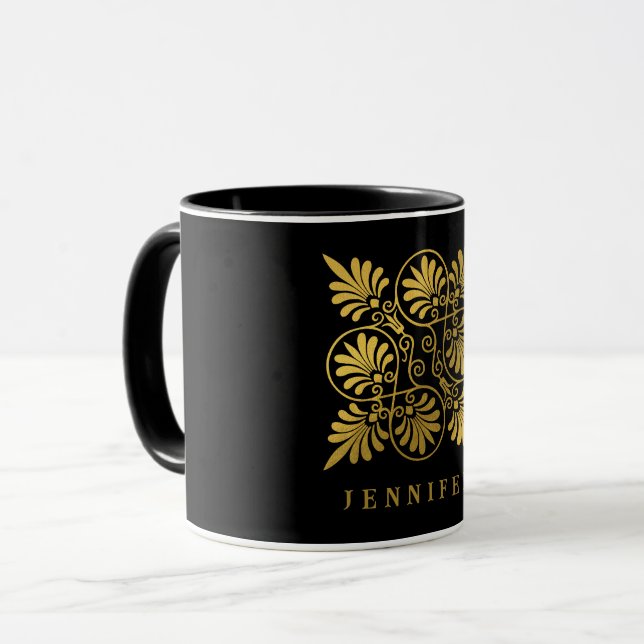 Mug Monogramme de méandre grec antique noir or (Devant gauche)