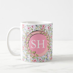 Mug Monogramme de motif aquarelle de fleurs printanièr