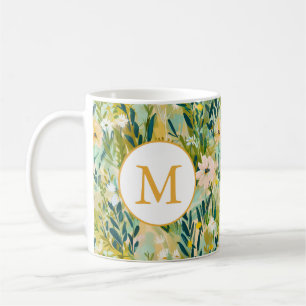 Mug Monogramme de motif aquarelle de fleurs vertes col