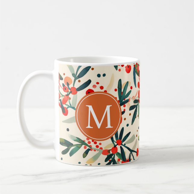 Mug Monogramme de Noël rouge moderne Holly Berries (Gauche)