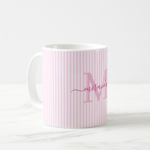 Mug Monogramme de nom à rayures roses modernes