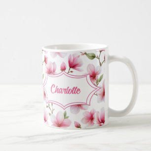 Mug Monogramme de nom botanique à l'aquarelle Magnolia
