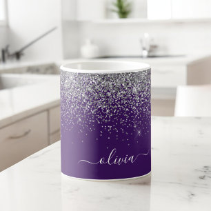 Mug Monogramme de nom de fille pailleté argent violet