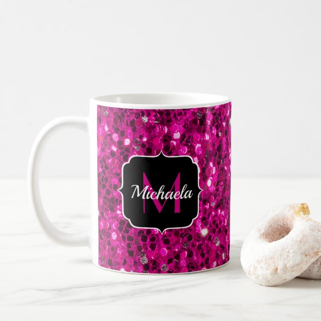 Mug Monogramme de parties scintillant étincelante rose (Avec donut)