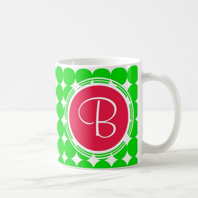 Mug Monogramme de point de polka rouge et vert (Droite)