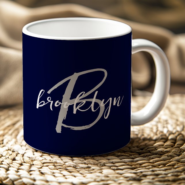 Mug Monogramme de script tendance bleu marine gris bla (Créateur téléchargé)