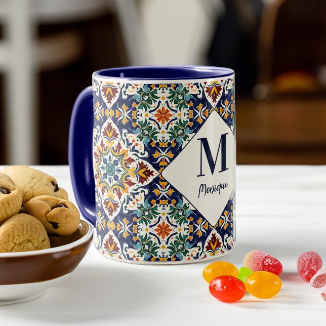 Mug Monogramme de tuiles turques en azulejo méditerran (Mediterranean azulejo Turkish Persian tiles monogram Mug personalized name gifts bridal party favors)