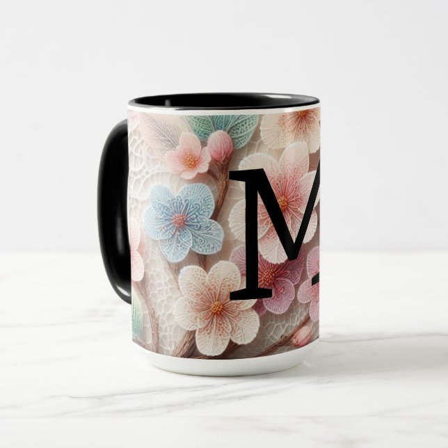 Mug Monogramme dentelle rose floral pastel fleurs de c (Devant gauche)