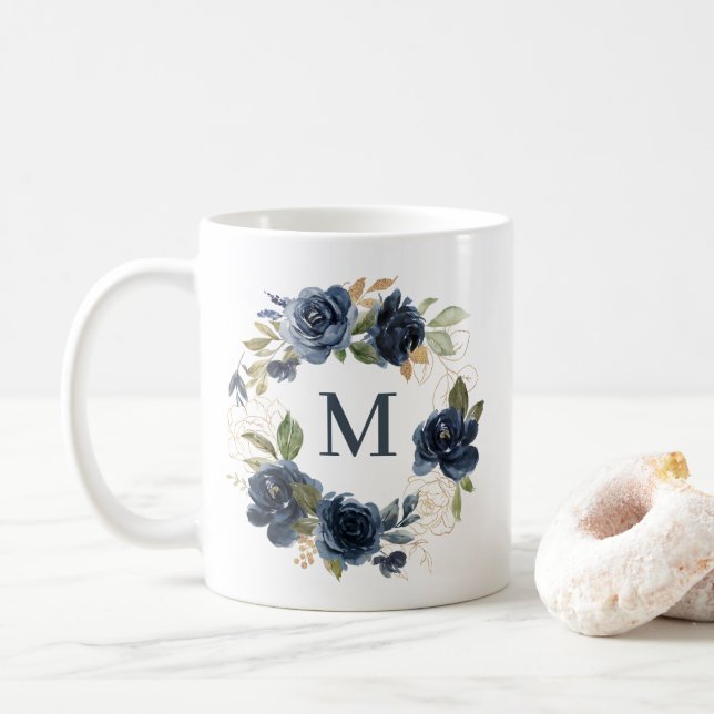 Mug Monogramme d'huile d'or de couronne bleu marine Ro (Avec donut)