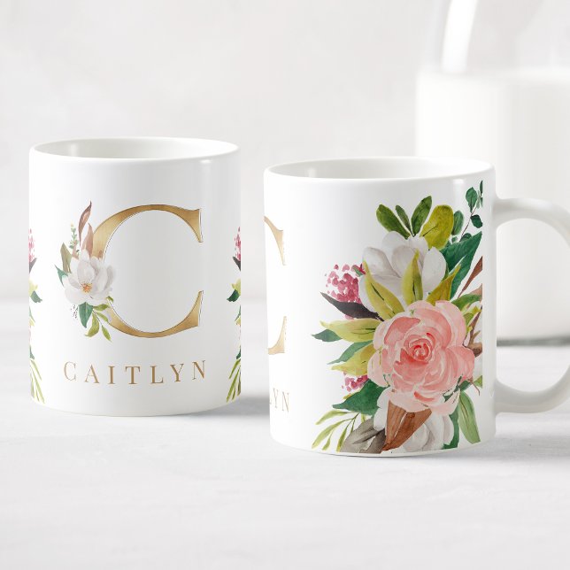 Mug Monogramme d'or Aquarelle Florale Botanique (Créateur téléchargé)