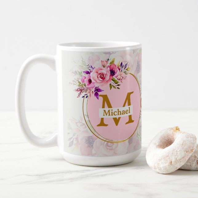 Mug Monogramme doré floral élégant | Nom & Initiale (Avec donut)