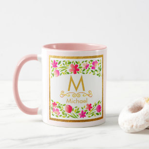 Mug Monogramme doré floral rose aquarelle élégant