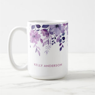 Mug Monogramme élégant floral aquarelle violet