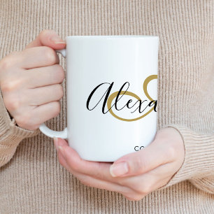 Mug Monogramme Élégant Initiale Nom Script Noir Or