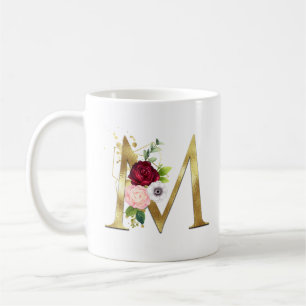 Mug Monogramme Élégant Lettre M Rose Bourgogne Blush D