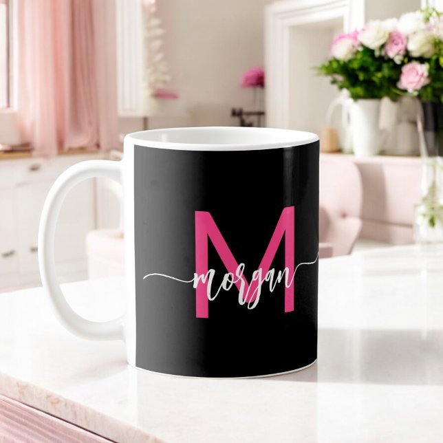 Mug Monogramme élégant moderne rose chaud noir (Créateur téléchargé)