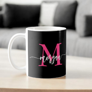 Mug Monogramme élégant moderne rose chaud noir