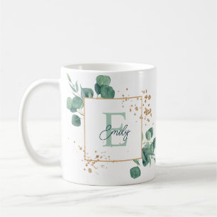 Mug Monogramme élégant vert eucalyptus et feuille d'or