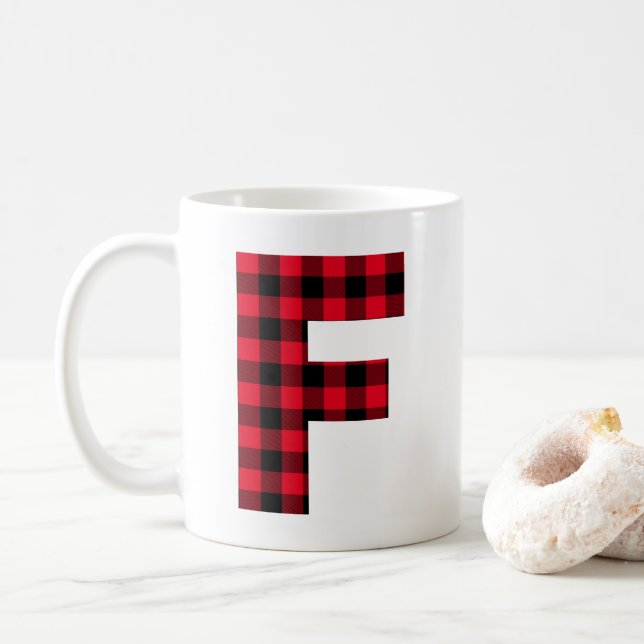 Mug Monogramme en lettre F gras en carreau de bœuf rou (Avec donut)