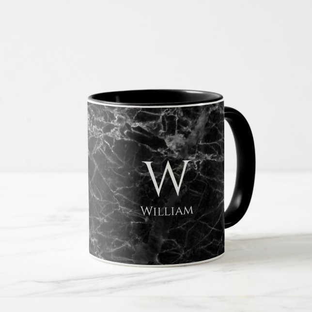 Mug Monogramme en marbre noir Nom moderne blanc initia (Devant droit)