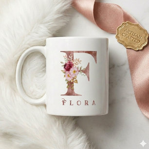 Mug Monogramme F floral personnalisé en or rose