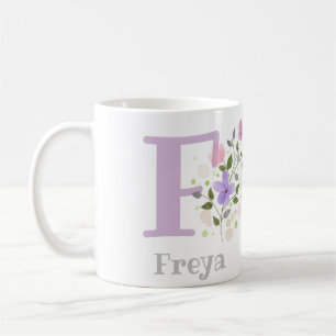 Mug Monogramme F & Nom Freya avec Fleurs