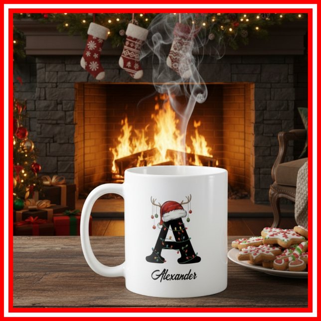 Mug Monogramme Famille Noël Antlers Santa Hat PHOTO (Créateur téléchargé)