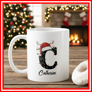 Mug Monogramme Famille Noël Antlers Santa Hat PHOTO