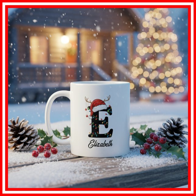 Mug Monogramme Famille Noël Antlers Santa Hat PHOTO (Créateur téléchargé)