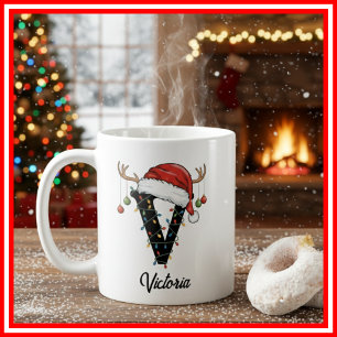 Mug Monogramme Famille Noël Antlers Santa Hat PHOTO