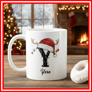 Mug Monogramme Famille Noël Antlers Santa Hat PHOTO