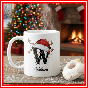 Mug Monogramme Famille Noël Antlers Santa Hat PHOTO