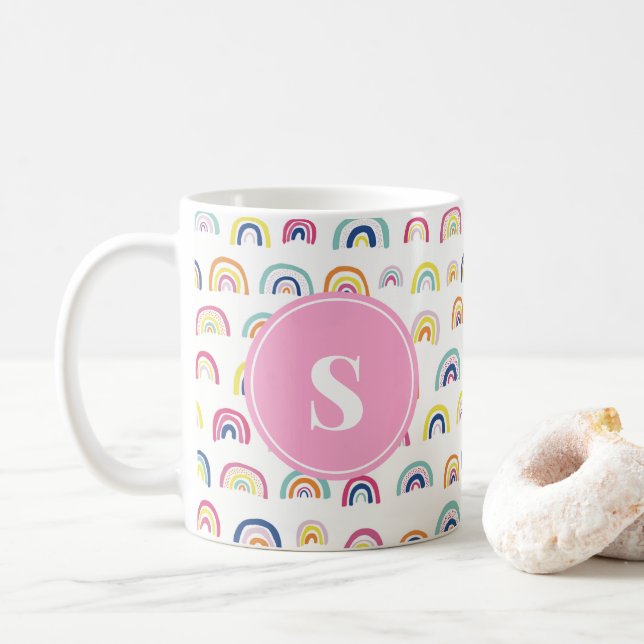 Mug Monogramme fille mignonne Motif arc-en-ciel (Avec donut)